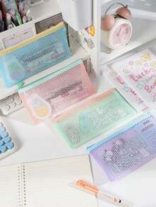 12pcs/1pc Dopamine Simple Mesh Hollow Storage Bag, Portable Makeup Bag, Brush Stationery Coin Pouch, Student Pencil Case For School & Daily Use School Supplies, School Kit - Multiple Styles - View 2