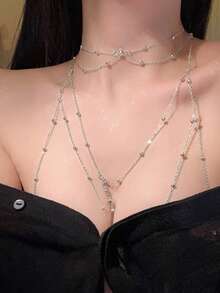2pcs/Set Body Chain & Collarbone Chain Set, Versatile Sexy Sexy Body Chain, Bikini Chain Collarbone Chain With 3D Sparkling Rhinestones Body Chain Accessory - Necklace Body Chain Set - View 3