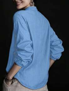 Camisa de lino de unicolor holgada para mujer, de manga 3/4, tejido de caída de hombros, cuello alto, longitud de manga hasta la muñeca, abotonadura delantera, casual minimalista, elegante retro, versátil para vacaciones, Navidad, Halloween - Azul - Ver 2