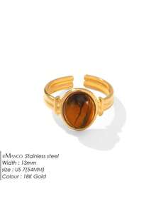 RAYQUEEN 1pc Stainless Steel Oval Stone Design Fashionable Personalized Open Ring Jewelry For Women, Suitable For Daily Wear - Ring - View 9