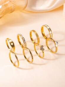 8pcs Fashionable Luxury Geometric Square Rhinestone & Heart 18k Stainless Steel Rings, Suitable For Women's Daily Or Party Wear - Ring Set - View 6