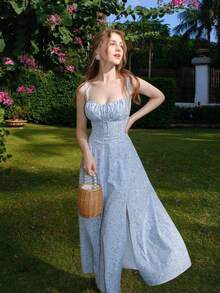 Vestido casual de verano elegante con estampado floral diminuto y tirantes sencillos para mujer - Azul - Ver 5