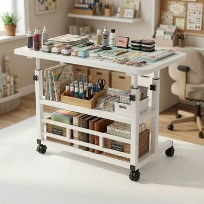 Scrapbook Storage Table, Mobile Sturdy Frame Craft Table, Portable Storage Art Workstation, Multi-Functional Height-Adjustable Craft Table, Suitable For DIY, Home Office Desk, Folding Table With Storage Shelves, Sewing Table, Art Workbench.