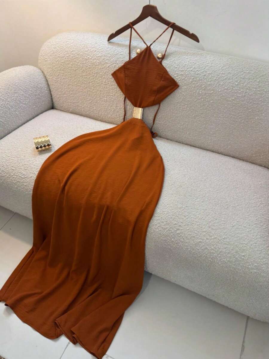 Sommerkleid für Damen, Urlaubsstil Midi-Trägerkleid mit offenem Rücken und Cut-outs, Trägerkleid, elegantes Kleid in Braun, Vacationcore - Braun - Übersicht 1