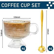 - Juego de 4 tazas de caf clsico con y cuchara, tazas de caf clsico de 8.5 onzas, tazas de caf de vidrio acanalado, taza de t transparente para bebidas calientes/fras, juego de - Transparente - Ver 2