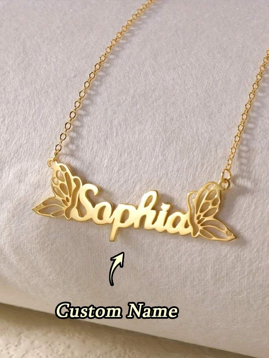 1pc Stainless Steel Customized Butterfly Name Necklace, Personalized Fashion Cute Private Nameplate Pendant Necklace, Best Daily Accessory For Women, Women's Jewelry Gift, Customized Name Necklace, Customizable Item, Personalized Gift For Her, Mother's Day Gift, Girlfriend Gift, Birthday Gift, Anniversary Gift