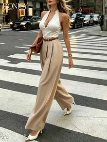 DONICY Women's Beige High-Waisted Pleated Wide-Leg Pants, Suitable For Office And Casual Wear - Khaki - View 9