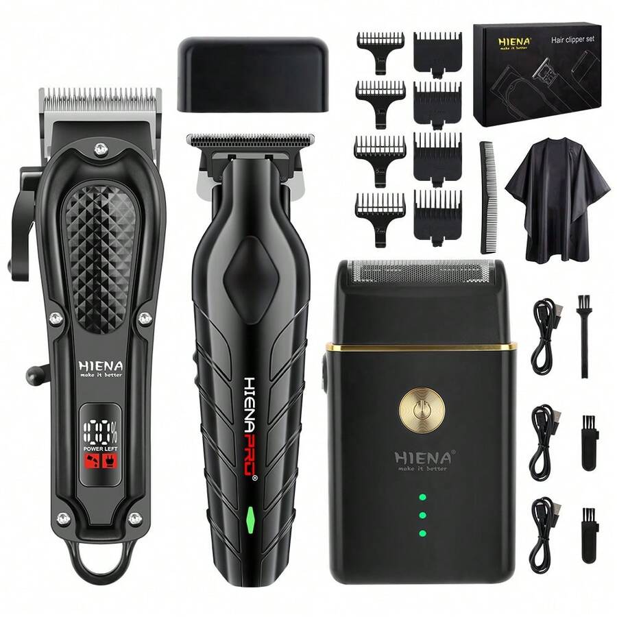 HIENA 男士電動理髮器鬍鬚修剪器 4 件理容套裝/單件鼻毛修剪器 專業理髮器鬍鬚與鬢角修剪器 無線充電 數位顯示 電動刮鬍刀禮品套裝