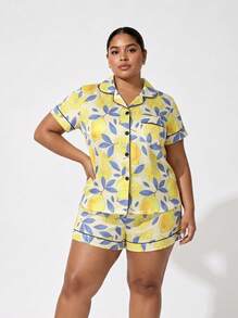 Snug League Marira Curve 2pcs/Set Cute Lemon Print Bow Decor Plus Size Ladies Pajama Set, Includes Short Sleeve Shirt With Collar & Button - Yellow - View 8