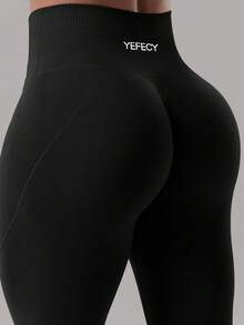 Yefecy 女款無縫中腰緊身褲，高彈性收腹提臀健身瑜伽運動褲，黑色 - 黑色 - 查看 5