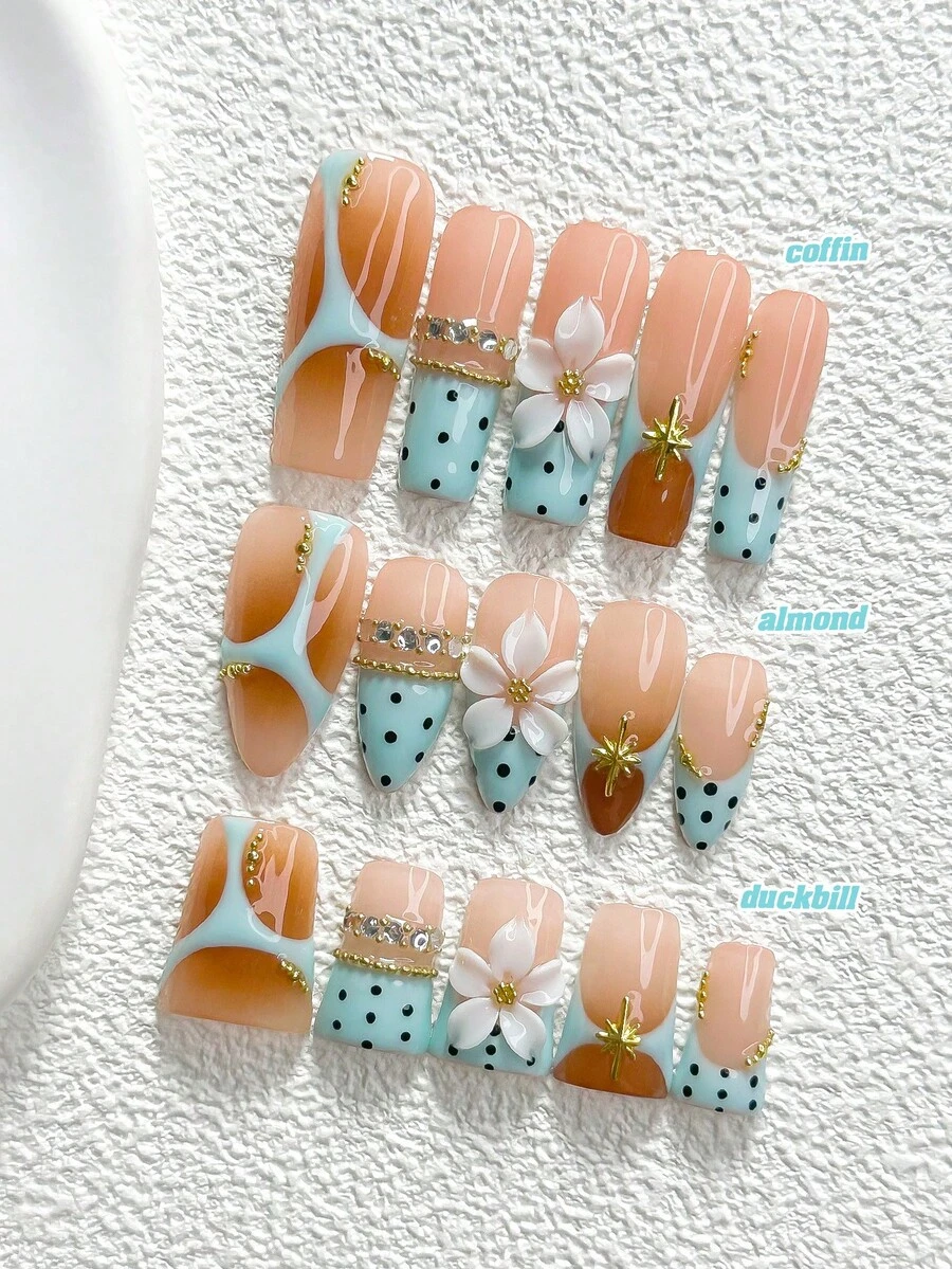 10pcs Mint Green French Handmade Press-On Nails, Polka Dot Petal Pattern, Pink Blue White Nail Polish, Sweet Style, Includes Nail Tools, 3 Sizes Available, Almond/Duck/Coffin Shape, Suitable For Party, Dancing, Daily Wear - 彩色 - 查看 1