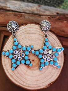 1 Pair American Western Style Rhinestone Heart & Star Earrings, Distressed Silver Vintage Stud Earrings, Niche Personalized Ear Jewelry - Earring - View 15