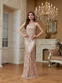 Đầm dạ hội đuôi cá cúp ngực đính sequin phong cách sang trọng nhẹ nhàng, kèm áo choàng voan chiffon tháo rời, váy dạ tiệc trang trọng cho nữ MC hội nghị thường niên - Rượu sâm banh - Xem 5