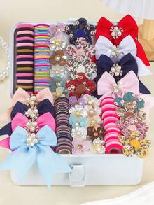 178pcs Vintage Atmosphere Girls Hair Accessories Set, Pearl Rhinestone Solid Color Hair Clips, Pearl Ditsy Floral Flower Hairpins, Shiny 3D Clover Alligator Hair Clips, Side Clips, High Elasticity Towel Scrunchies, Thin Hair Ties, Daily Match Party Headwear - Multicolor - View 4