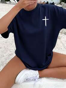 Women's Minimalist Casual T-Shirt With Double-Sided Inspirational Bible Message Graphic, Versatile Top To Pair With White Shorts And Lightweight Trousers - 藏青色 - 查看 2