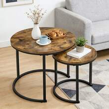 2pcs Coffee Table Set, Round Nesting Coffee Table Set - Industrial Wood Grain Side Tables For Living Room Bedroom Balcony - Wood Color - View 5