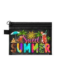 網格托特包套組，印有彩色「Sweet Summer」與遮陽扇、飲料、太陽、椰子樹圖案，網格化妝包，沙灘手提包，休閒度假包，可折疊大容量游泳沙灘包，化妝品收納包，夏季必備，適合學校、度假、假期和返校使用，送給朋友和老師的禮物，理想的返校季禮物 - 彩色 - 查看 14