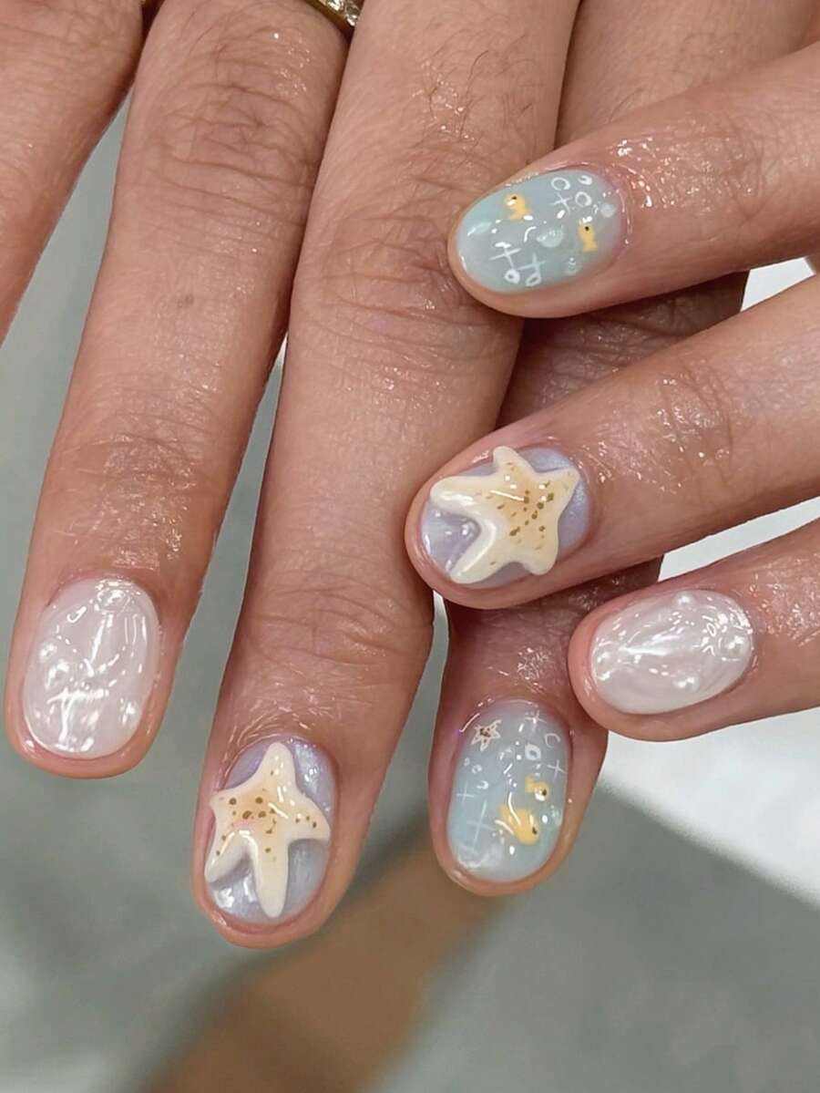 24片短橢圓3D凝膠美甲片,海洋主題美甲,3D凝膠海星、貝殼與珍珠裝飾,壓克力材質套組,包含:1片果凍膠與1片美甲锉 - 彩色 - 查看 1