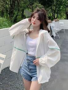 女款夏季戶外長袖防曬襯衫，薄款寬鬆連帽拉鍊開襟外套上衣 白色 - 白色 - 查看 1