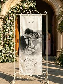 Custom Photo Satin Wedding Welcome Banner, Personalized Wedding Text Date Location Wall Hanging, Photo Booth And Reception Door Decor, Suitable For Modern White Style - Multicolor - View 5