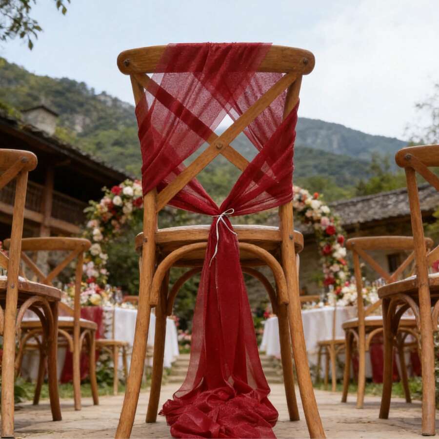 10 piezas de bandas de tul para boda para decoración, cinta para respaldo de silla rectangular, tela de queso rústica, accesorios de fotografía, decoración elegante para cena de aniversario, fiesta de graduación, barbacoa, ceremonia y recepción - Burdeos - Ver 1