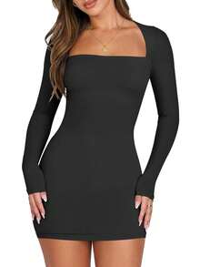 Women Long Sleeve Square Neck Sexy Bodycon Tight Cocktail Party Club Night Formal Short Dress 2025 Going Out Outfits - Black - View 1