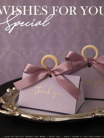 10pcs Wedding Candy Boxes With Embossed Pattern, Premium Wedding Candy Boxes, Hand-Held Candy Bags, Small Gift Packaging Boxes With Ribbon And Wooden Ring