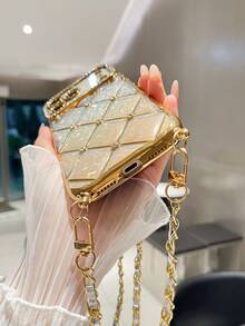 1pc Rhinestone Sequin Leather Chain Studded Air Cushion Electroplated Gold TPU Shockproof Phone Case Compatible With IPhone - Multicolor - View 8