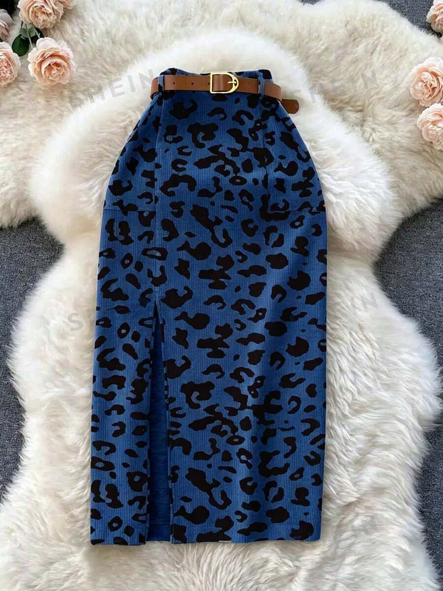 SMUM Women's Corduroy Skirt With Pockets And Slit, With Belt, In Khaki And Leopard Print - 藍色 - 查看 1