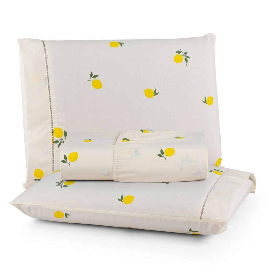 Premium Printed Fitted Sheet Set With Elastic + Pillowcases, 200 Thread Count, Single, Full, Queen And King Sizes, Hypoallergenic - Lemon Straw - View 1