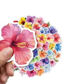 50Pcs Watercolor Tropical Hibiscus Flower Stickers, Vibrant Multicolor Hawaiian Floral Decals For Water Bottle, Laptop, Luggage & Junk Journal DIY Decor - Multicolor - View 9