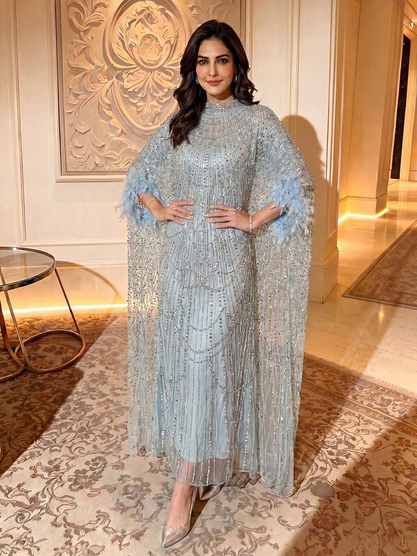 Luxurious Sky Blue Arabic Long Dress With Beaded Contrast Sequins, Feather Cape Sleeves And Stand Collar, Suitable For Special Occasions