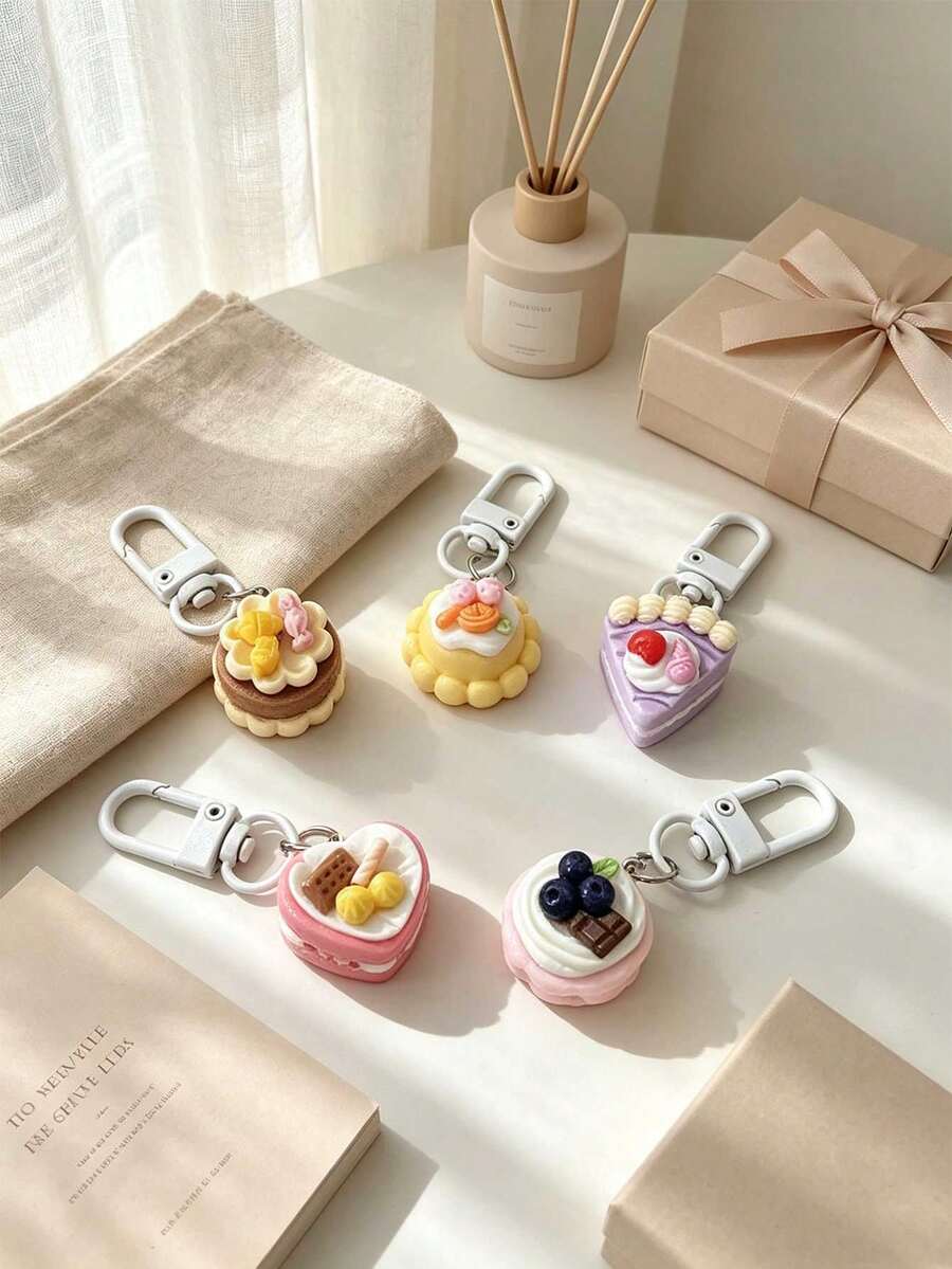 5pcs Cute Cream 3D Cake Keychain - Bag Decoration, Pendant, Charm. Perfect Gift For Couples, Friends, Graduation, Teachers. - Multicolor - View 1