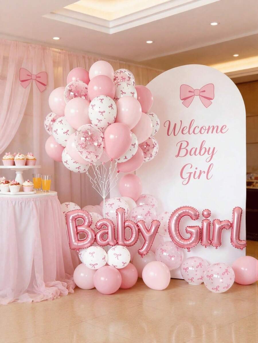 60pcs Pink Bow Balloons, 12-Inch Light Pink And Clear Latex Balloons With Bow Pattern, Suitable For Baby Shower, Girls Birthday Party, Princess Theme Party Decoration