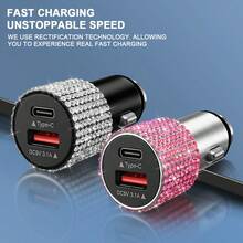 1pc Sparkling Rhinestone Car Charger, Fast Charging USB A/C Type Car Phone Charger, Diamond Adapter, Compatible With 3-In-1 Fast Charging For Car, Retractable Data Cable, Supports Phones, Dashcams, GPS And More, Handmade, Ideal Gift For Men And Women On Holidays/Birthdays - Multicolor - View 6