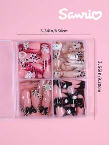Sanrio Hello Kitty 96片裝（4款混色）Y2K中方豹紋美甲貼片，3D可愛Hello Kitty與Kuromi蝴蝶結裝飾法式漸層穿戴甲，完美貼合壓克力假指甲套組，含1片果凍膠與1片美甲锉，適合女孩派對使用 - 彩色 - 查看 6