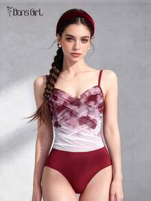 DonsGirl 1pc Women's Romantic Floral Print Mesh Ballet Bodysuit, Ruched V-Neck Spaghetti Strap One-Piece, Suitable For Dance Performance And Daily Wear - Burgundy - View 8