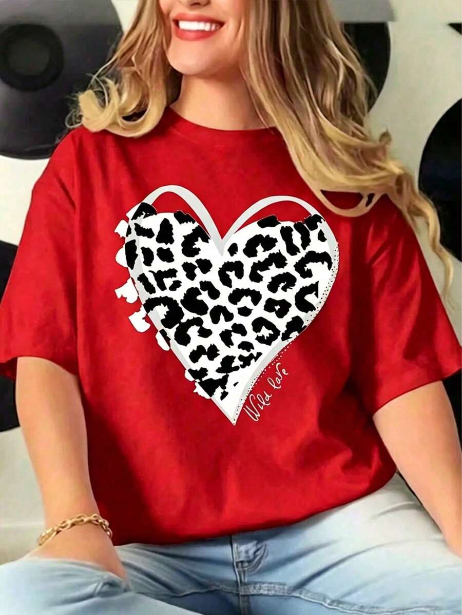 Women's Casual Summer T-Shirt, White With Black And White Leopard Heart Print, Fashionable Short Sleeve "Wild Love" T-Shirt, Modern Animal Print Top, Stylish Blouse - 紅色 - 查看 1