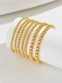 7pcs/Set Bohemian Style Gold Beaded Bracelet Set, Multi-Layer Ball Elastic Bracelets, Women's Minimalist Summer Beach Vacation Jewelry, Y2K Style Wrist Accessories - Gold - View 2