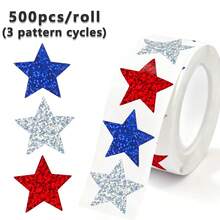 500pcs (1 Roll) Holographic Star Stickers, 3 Colors Blue Red Five-Pointed Star Stickers, Shiny Silver Five-Pointed Star Stickers, School Home Training Incentive Stickers, Gift Decoration Packaging Seal Stickers School Supplies - Cartoon - View 1