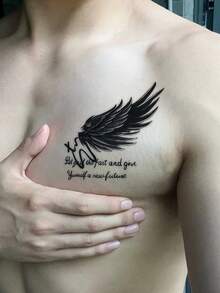 1pc Dark Wind Wings Handwritten Pattern Temporary Tattoo Sticker, With Realistic Tattoo Design, Suitable For Daily Travel, Music Festivals, Games, Graduation Gifts, And Lasts For 3-5 Days. - Black - View 5