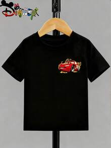 Disney Cars Kids Double-Sided T-Shirt, Lightning McQueen "Defender Champions" With 95, Checkered Flag & Fire Graphic Tee, Black Short Sleeve - Black - View 3