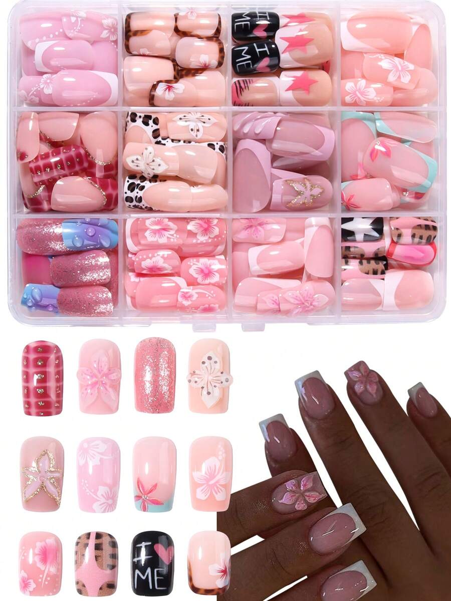 288片(12款混色)短款長方形3D凝膠美甲貼片,扶桑花美甲,短款法式穿戴甲,粉色、黃色、白色、藍色,法式設計,完美貼合短款假指甲套組,夏季美甲與法式美甲 - 彩色 - 查看 1