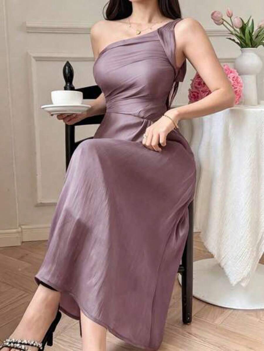 Vestido de verano de longitud media con cuello asimétrico, fruncido y sin mangas, de unicolor y elegante para mujer - Morado - Ver 1