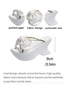 Cream White 3D Bow Open Toe Half-Slip Wedge Sandals, Summer Shoes, Unique Lightweight Heel, Gold Trim, Comfortable For Daily, Dating, Commuting - White - View 7