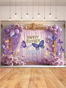 Customizable Name Butterfly Theme Happy Birthday Banner Background, Purple Curtain, Rose Gold Glitter Frame Design, Birthday Party Cake Table Decor, Photography Backdrop, Vinyl Material, Bachelorette Party Favors, Event Signage - Type C - View 2