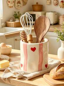 1pc Vintage Striped Ceramic Storage Jar, Multifunctional Kitchen Utensil Holder & Makeup Brush Organizer, Kitchen & Desk Aesthetic Home Decor - Multicolor - View 4