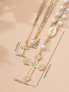 3pcs/Set Faux Pearl Beaded Goddess Cross Necklace Set, Y-Shaped Chain Cross Pendant Necklace, Women Layered Necklace - Multicolor - View 3