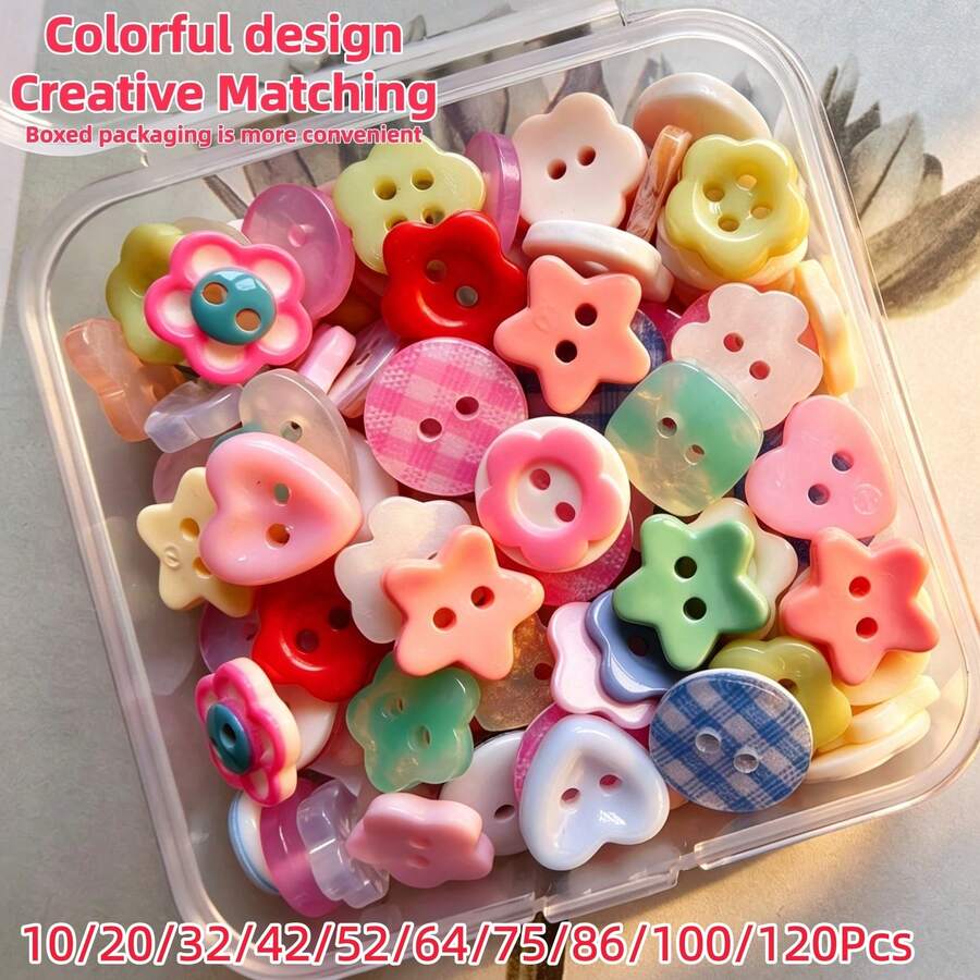 10/20/32/42/52/64/75/86/100/120 piezas de botones coloridos en caja, botones de resina de alto brillo, botones lindos, combinación creativa, estilos aleatorios - A - Ver 1