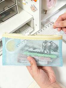 12pcs/1pc Dopamine Simple Mesh Hollow Storage Bag, Portable Makeup Bag, Brush Stationery Coin Pouch, Student Pencil Case For School & Daily Use School Supplies, School Kit - Multiple Styles - View 6